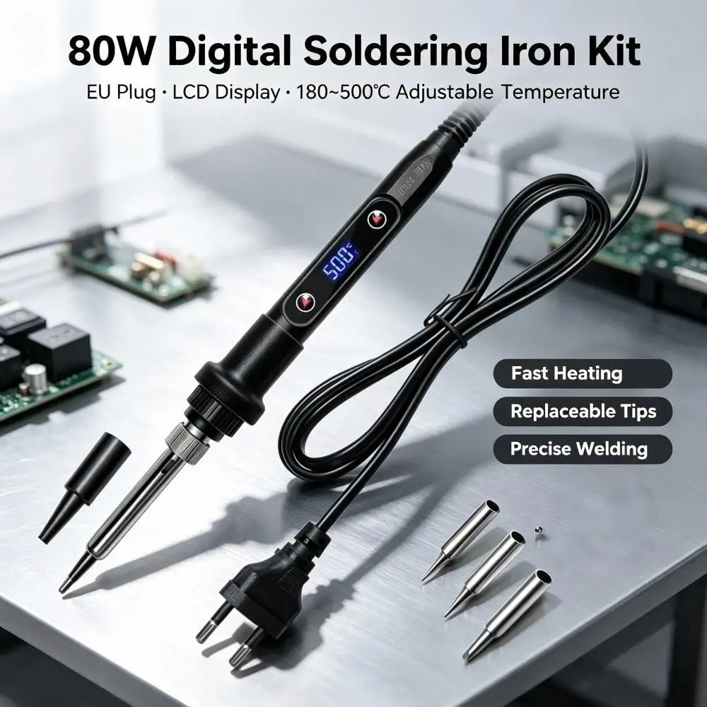 80W LCD‑Digital Display Electric Soldering‑Iron Kit, Adjustable Temperature Welding‑Pen, Replaceabl Tips Electronics Repair Tool