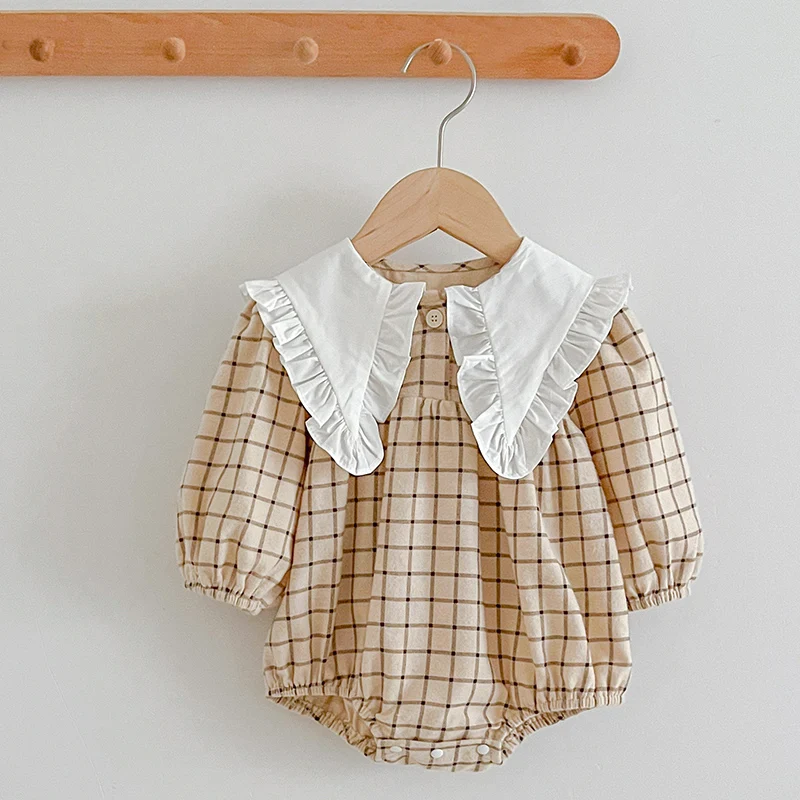 

Baby Clothes Newborn Infant Baby Girls Romper Grid Solid Long Sleeve Cotton Rompers Large Collar Kids Baby Jumpsuit Playsuit