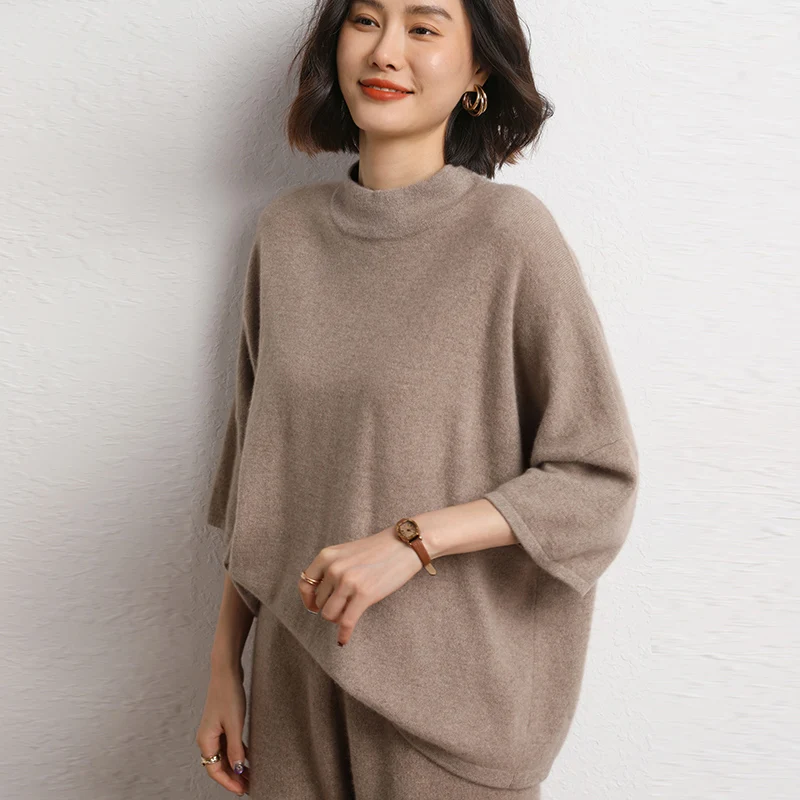 Half Height Seven Quarter Sleeve Goat Cashmere Sweater For Women's Warm Autumn Winter Solid Color Pullover Knitted Jumper Top