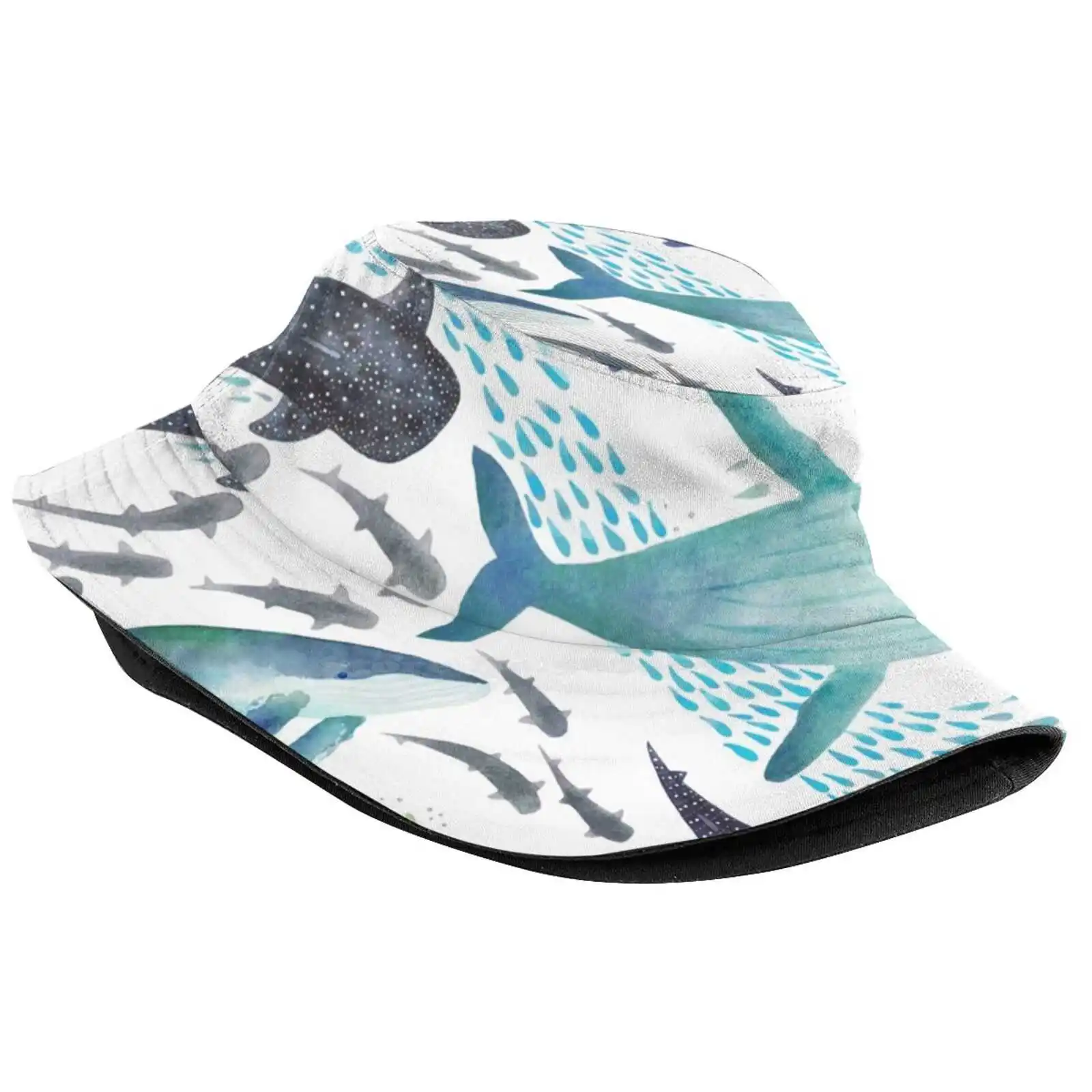 Sharks, Humpback Whales, Orcas & Turtles Ocean Play Print Sun Cap Fisherman Hat Bucket Hats Watercolor Whale Sharks Hammerhead