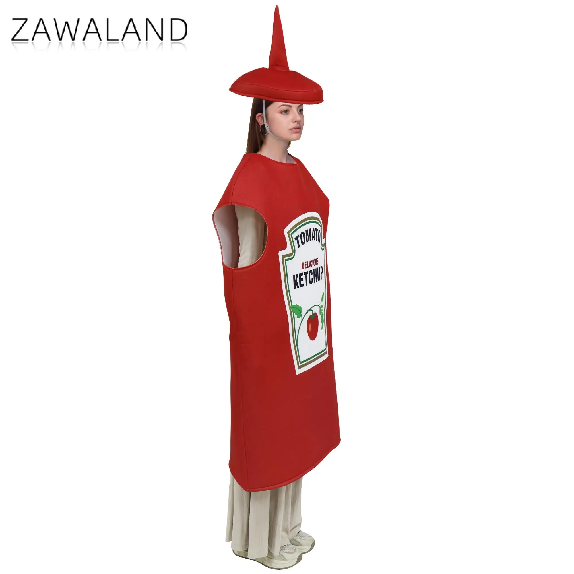 Zawaland-Costume de ketchup délicieux à la tomate rouge pour adulte, déguisement drôle pour garçon et fille, moustache jaune imbibée, vêtements de fête cosplay d'Halloween