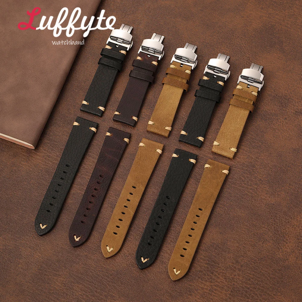 Men Calfskin Genuine Leather Watch Band 18mm 20mm 22mm with Butterfly Buckle Gift Packing Box Vintage Business Replacement Strap