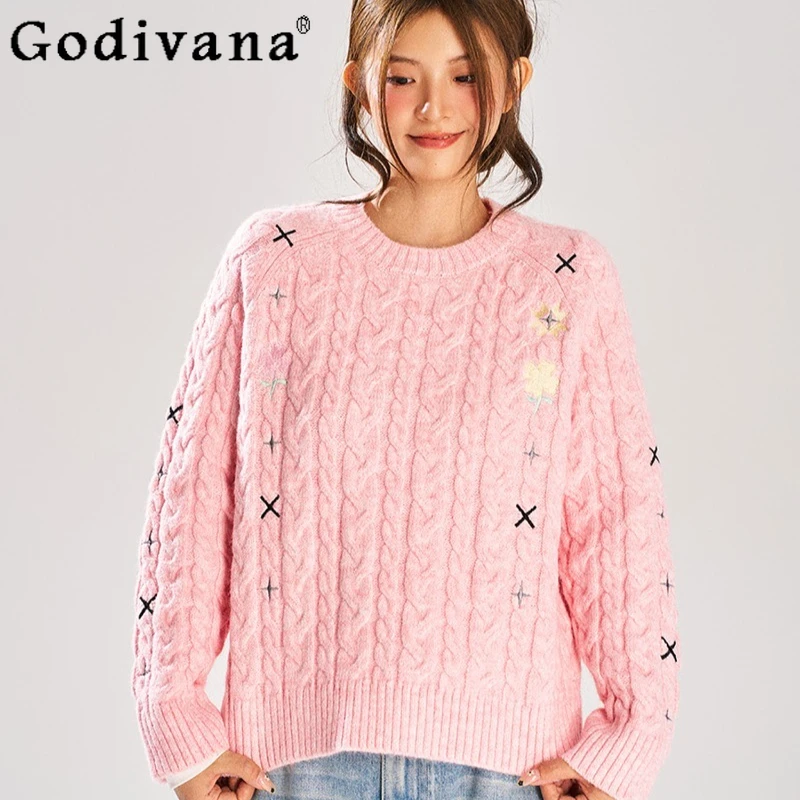 

Twist Lolita Pink Sweater for Women Japanese Style Floral Round Neck Knitted Top Female Lolita High Street Loose Knit Pullovers