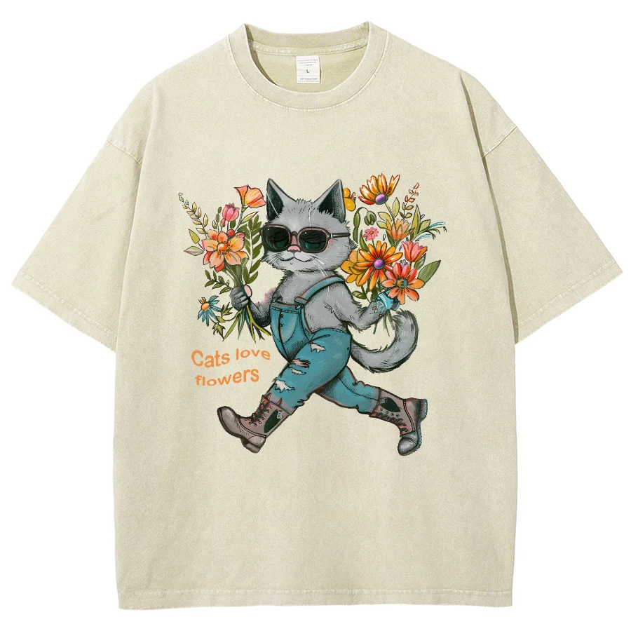 Cute Blue Cat Anthropomorphic Print Women's T-Shirt Loose Wash Oversized Short Sleeve Fashion Design Casual Funny Style Top 2024