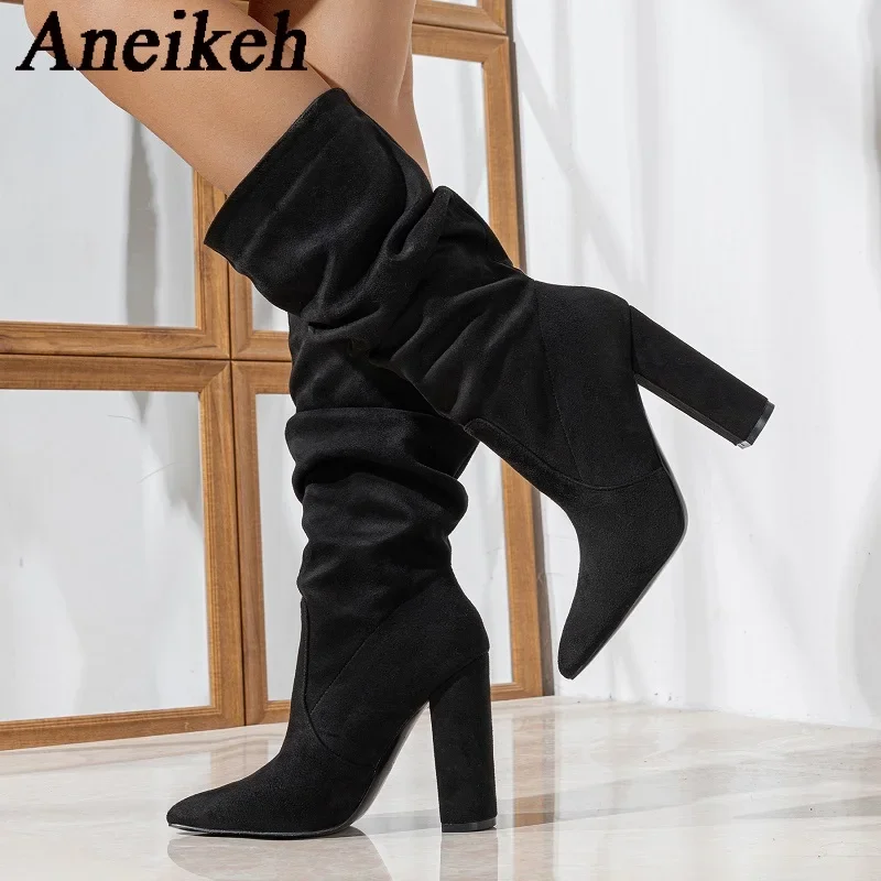 Aneikeh Lente Herfst Dames Dikke Hak Laarzen Gevouwen Elastische Doek Puntige Kleine En Middelgrote Kuit Laarzen Botas Femininas