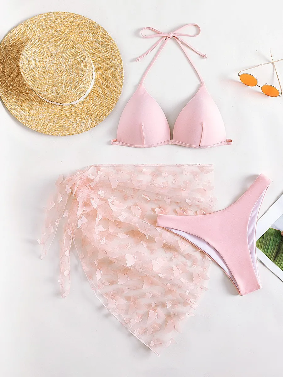 2026 3-teiliges Bikini-Set mit Strandkleid, sexy einfarbig, Neckholder und seitlich gebunden, passendes Cover-Up, Urlaubs-Badeanzug-Outfit, Sommerkleid