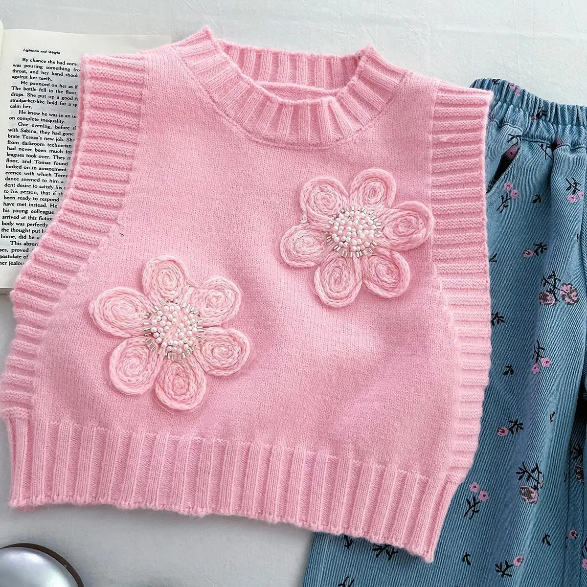 مجموعة الخريف للأطفال النسخة الكورية الجديدة من الفتيات الوردي الزهور البلوز قميص الدنيم السراويل المألوف 3 قطعة مجموعة #5