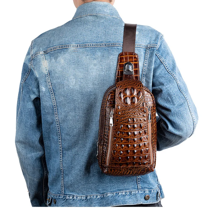 Genuine Leather Men Chest Pack Shoulder Bag Retro Designer Crocodile Pattern Male Real Cowhide Cross Body Bags Sling Backpack