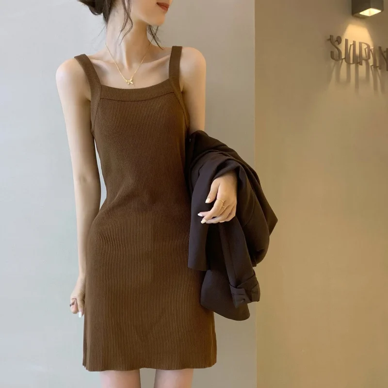 

Knitted sling basic women's spring clothes 2025 new elegant Korean style fit slim looking Base black dress