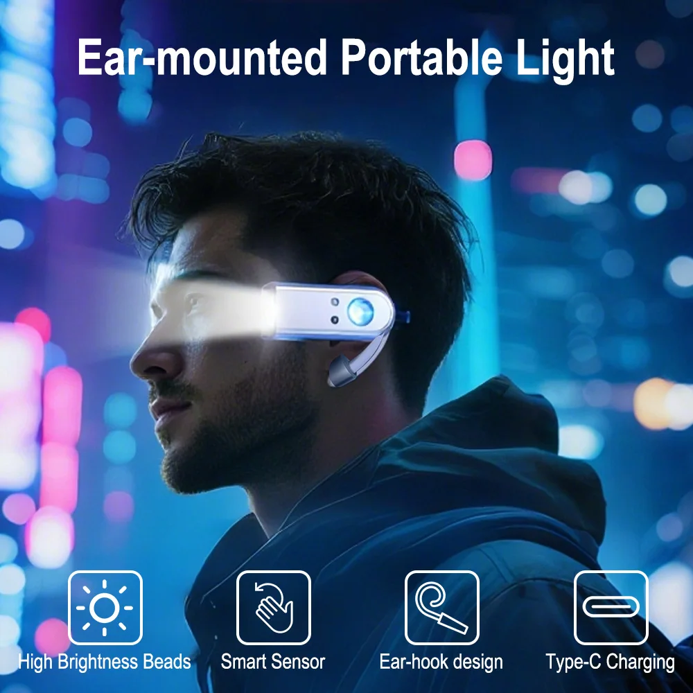 BORUiT Motion Sensor LED ไฟหน้า Type-C หมวกแบบชาร์จไฟได้คลิปติดหูพร้อมแบตเตอรี่ในตัวสําหรับใช้ตั้งแคมป์กลางแจ้ง