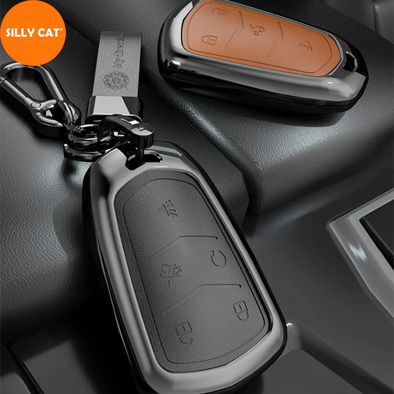 Metal Leather Car Key Cover Case Fob Protector Suitable For Cadillac ATS XTS XT5 XT4 CT6 XT6 Key Cover Case Fob