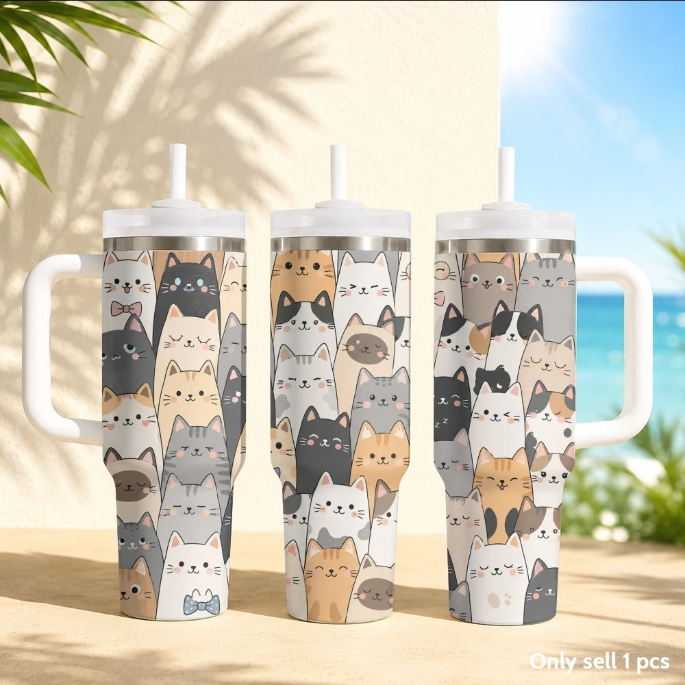 Вакуумные термосы Fuuny Cat Family, 40 унций, из нержавеющей стали, с ручкой и соломинкой, герметичная дорожная кружка.