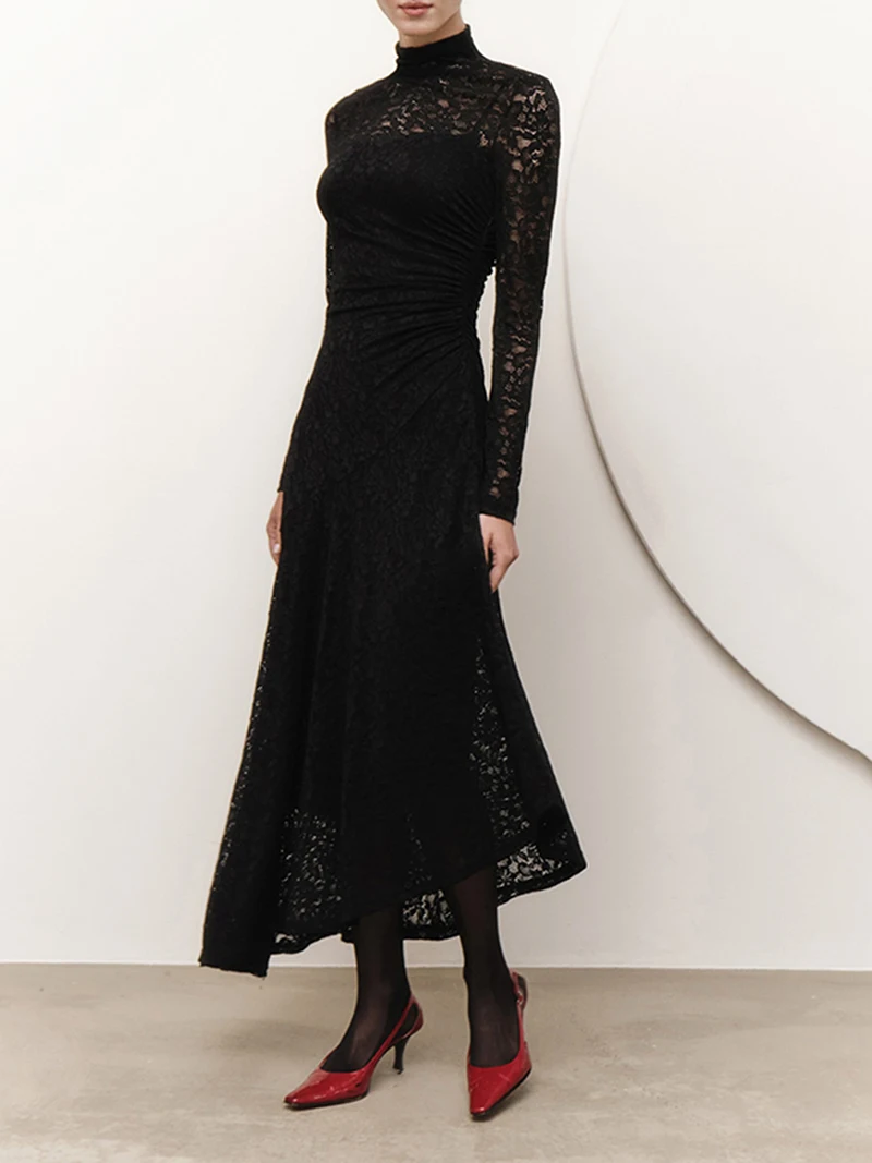 DGLUKE Mock Neck Long Sleeve Lace Dress For Women Ruched Asymmetrical Long Dress Vintage Spring Fall Dress With Slip Under Dress