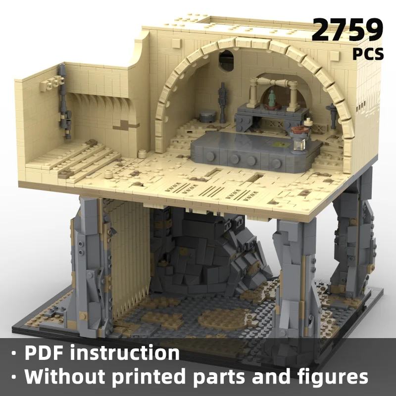 star movie Building Block Floating Cave Base, sandy yellow main body rock support structure, exotic sci-fi atmosphere