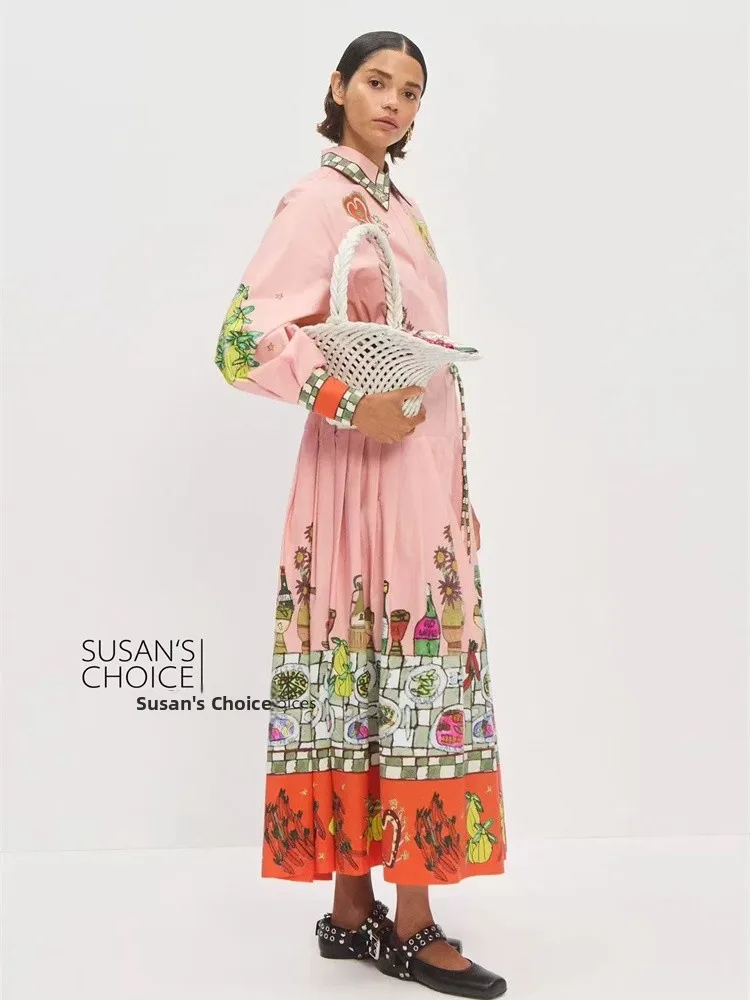 Susan Pure Cotton Long Sve Blumendruck mit Kragen Dr. Pink Casual Sle Australian Faion Holiday Dr Damen Dr