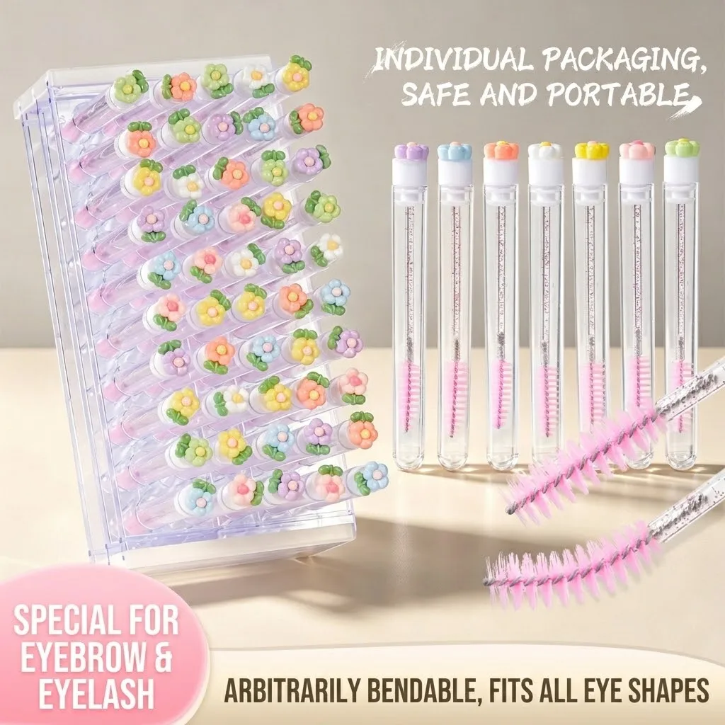 30 Pcs Cute Flower Eyelash Brushes in Clear Tubes Mascara Wands for Lash Extensions Reusable Dustproof Eyelash Brushes for Women