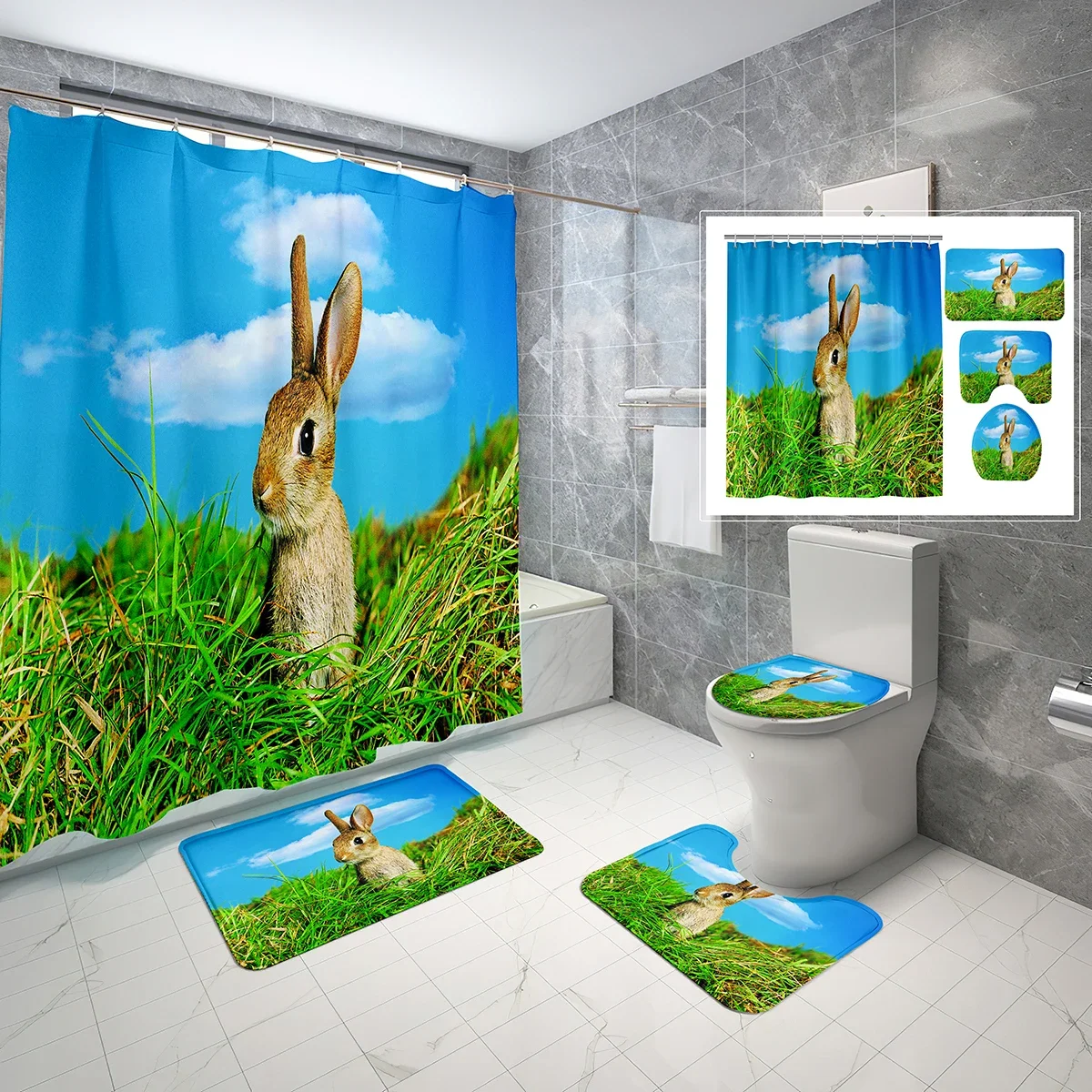 Funny Bunny Shower Curtain Set Rabbit In The Grass 4 Pcs Shower Curtain Bathroom Non-Slip Bath Mat Toilet Cover Curtain Set