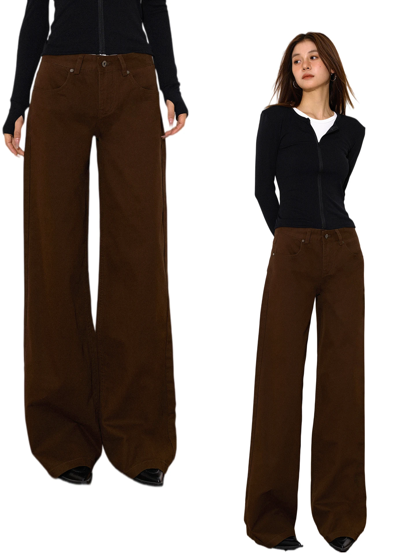

SOHOT Retro Low Waist Straight Leg Jeans Women's Spring Slimming Versatile Coffee Color Long Pants Wide Leg Pants