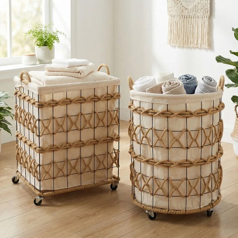 Woven Household Laundry Baskets Large Metal Quilted Wheels Laundry Hamper Rolling Clothes Cesta Para Ropa Sucia Room Accessories