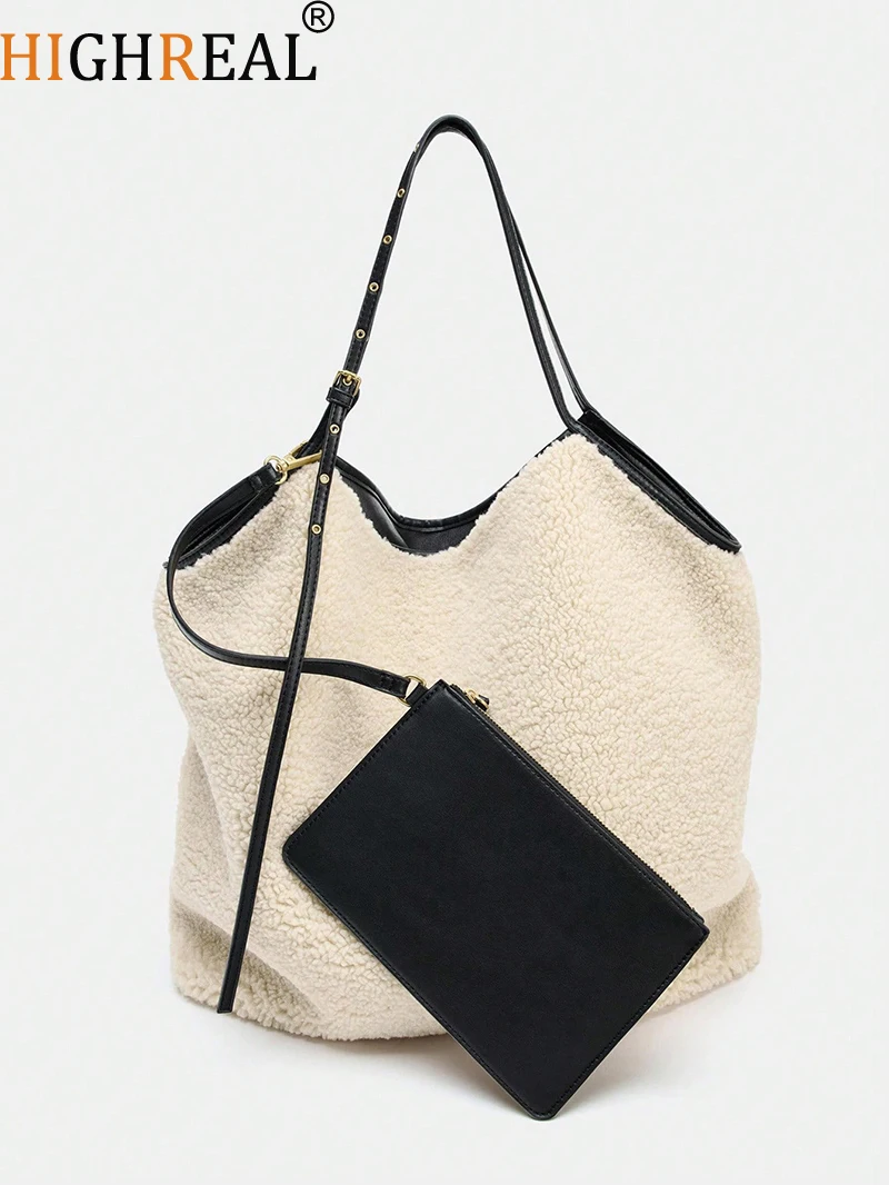 

Fashion Lambwool Tote Women Bag Large Capacity Fur Shoulder Bag Double-sided Designer Bags for Women Handbag Plush Shopper Purse