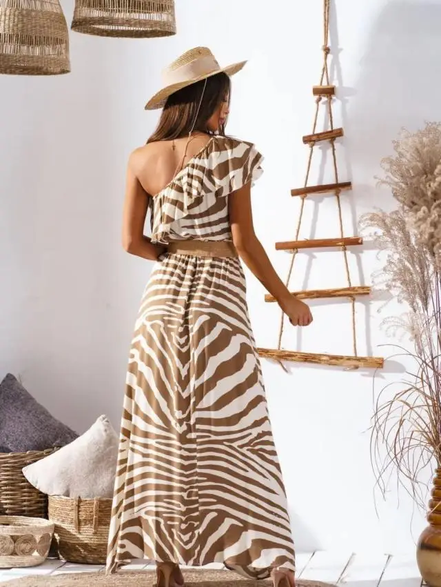 Maxi abito allentato da donna primavera estate con spalle scoperte tunica senza maniche abito Slim elasticizzato con stampa floreale abito lungo Boho da festa