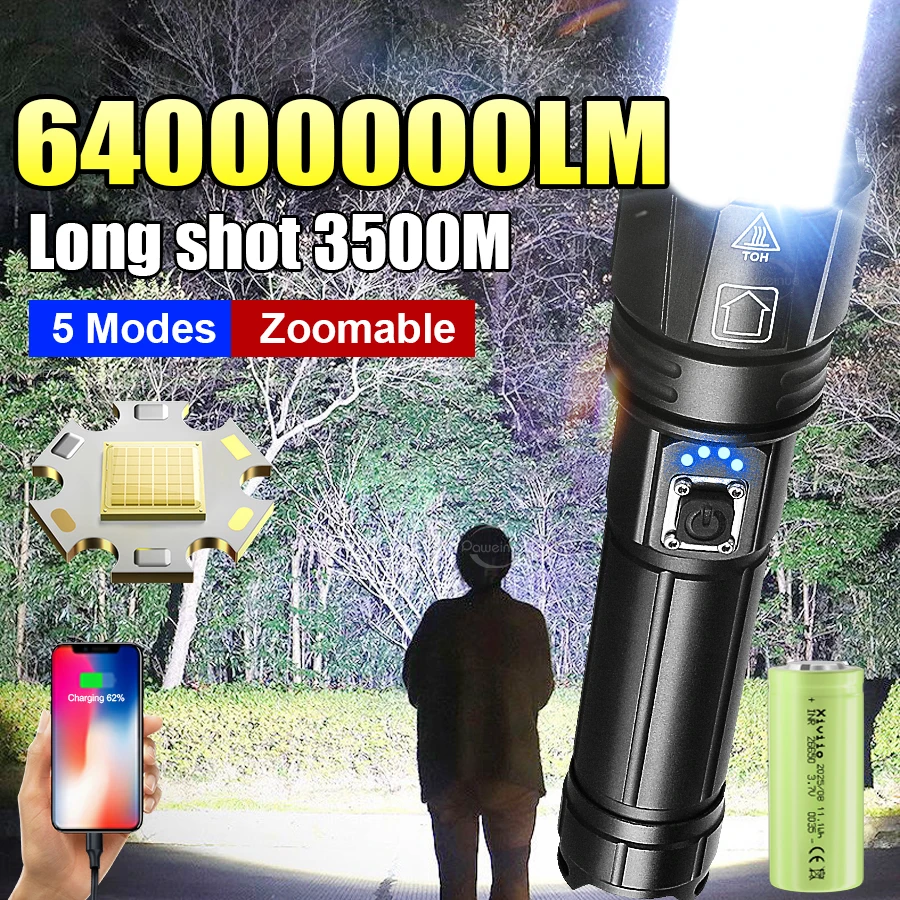 

64000000LM Самый мощный фонарик 3500M Сильный свет XHP360 Портативная лампа для кемпинга на открытом воздухе Фонарь для охоты