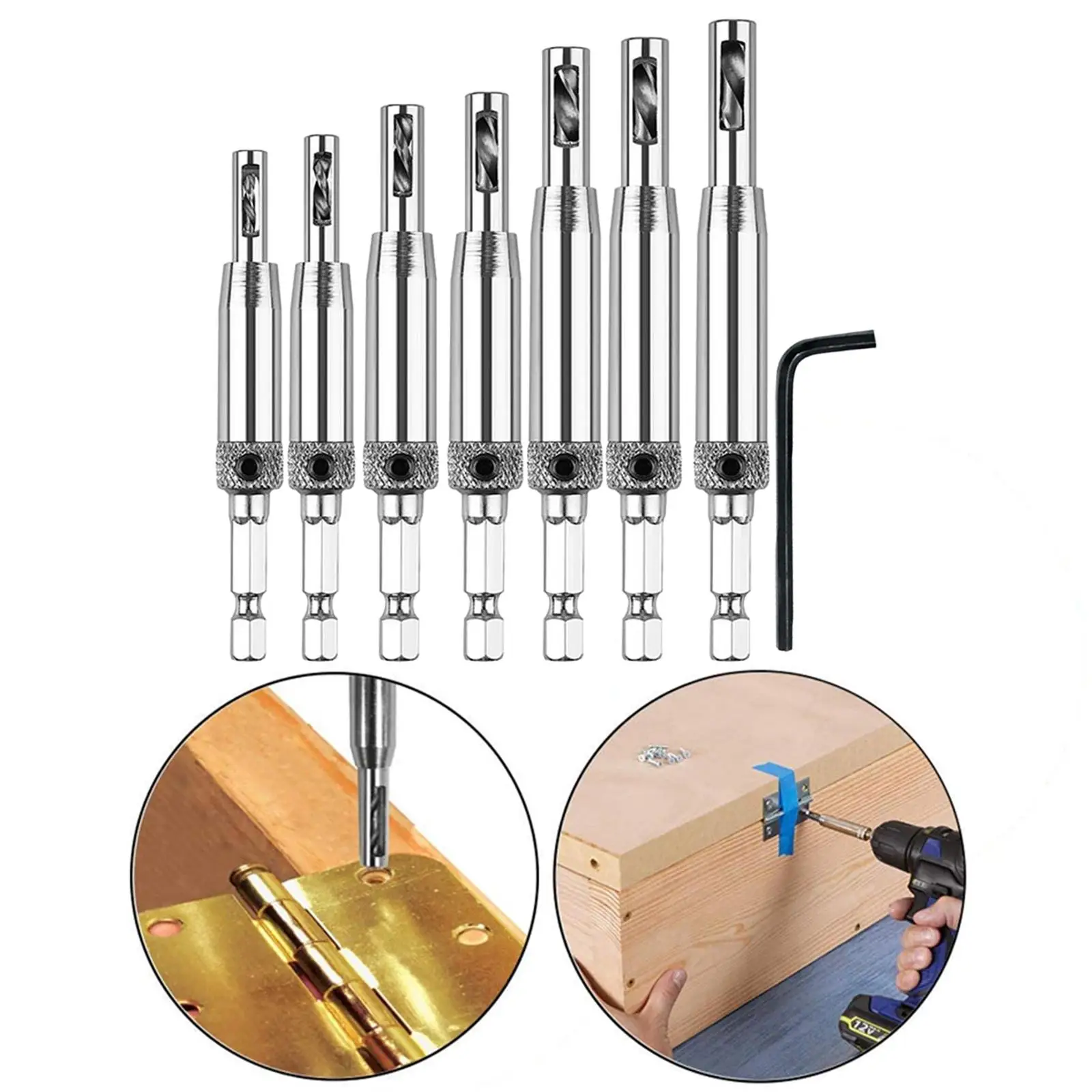 7x Self Centering Drill Bit Set with 1 Hex Key for Woodworking Door Window