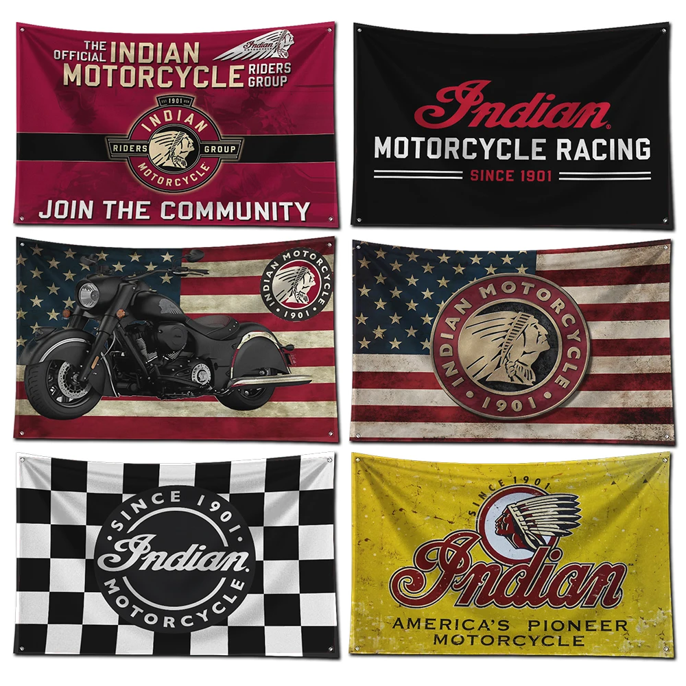 3x5 Ft Indian Motorcycle Racing Flag Polyester Digital Printing Banner for Garage Wall Art Out Door Decoration With Grommets