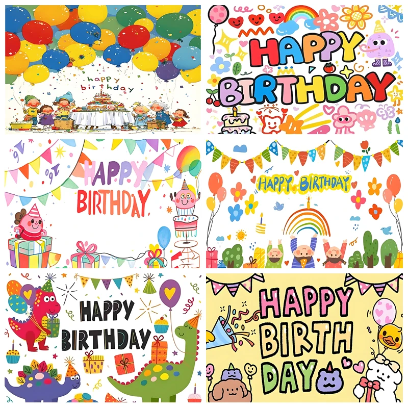 

Cartoon Happy Birthday Theme Photography Backdrop Decoration Baby Shower Background Cute Kids Photo Banner Party Decor Studio
