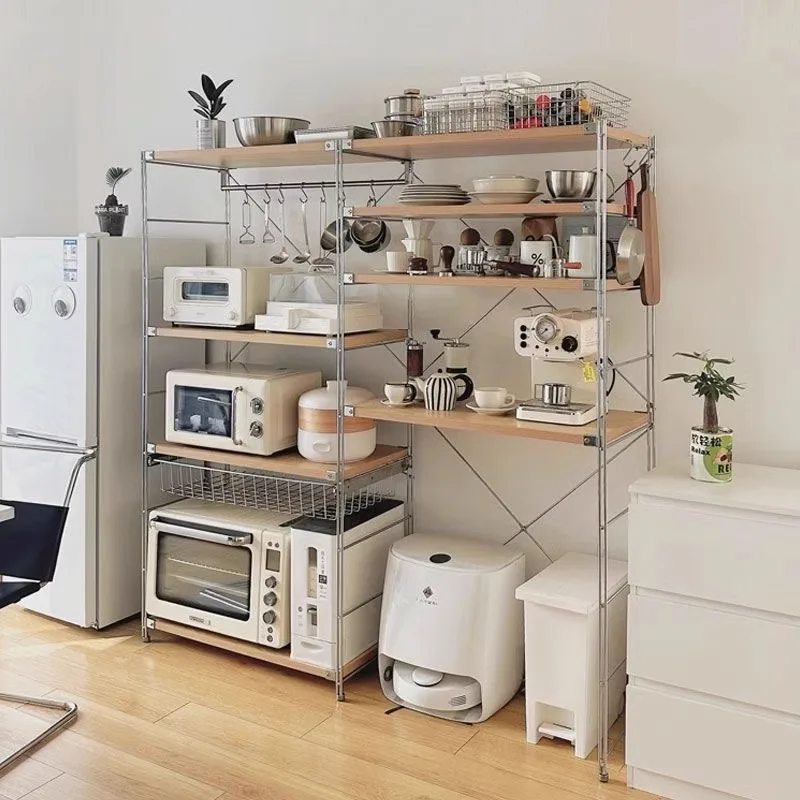 Modern Multi-Layer Stainless Steel Wood Storage Shelves Home Office Corrosion Protected Display Racks Kitchen Islands & Carts