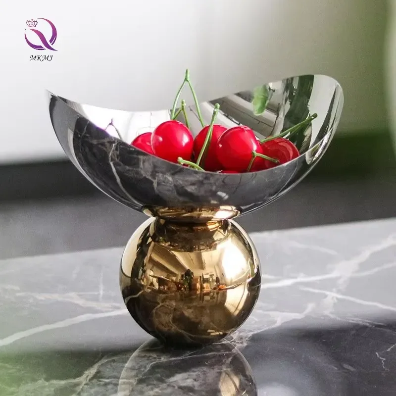 Nordic Style Silver Stainless Steel Metal Fruit Bowl Candy Dish Eggshell Shape Gold Sphere Base Fruit Tray for Home Table