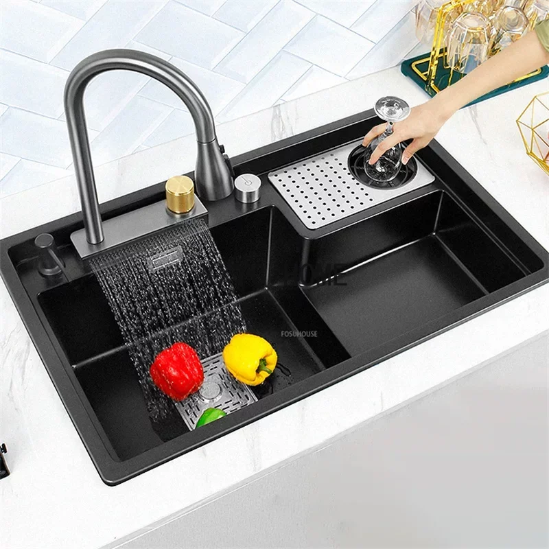 Waterfall Kitchen Sink Stepped Large Single Slot Black Quartz Gourmet Kitchen Washing Basin with Cup Washer Home Appliances Z