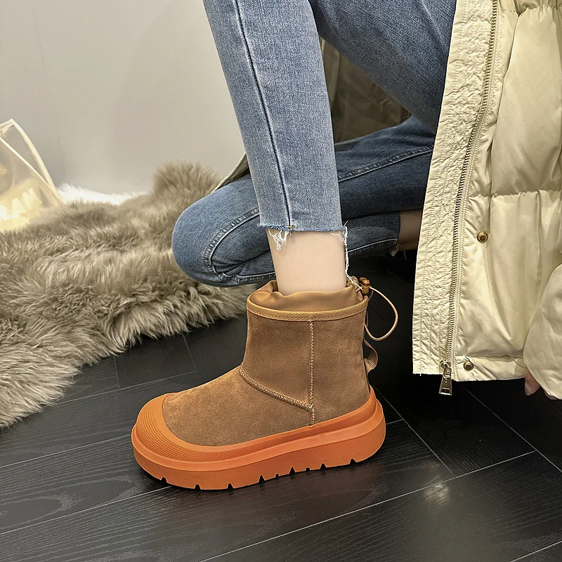 

Women's Thi Boted Genuine Leather Snow Boots Winter Warm Cotton oes Waterproof Non-Slip Heightening ort Boots