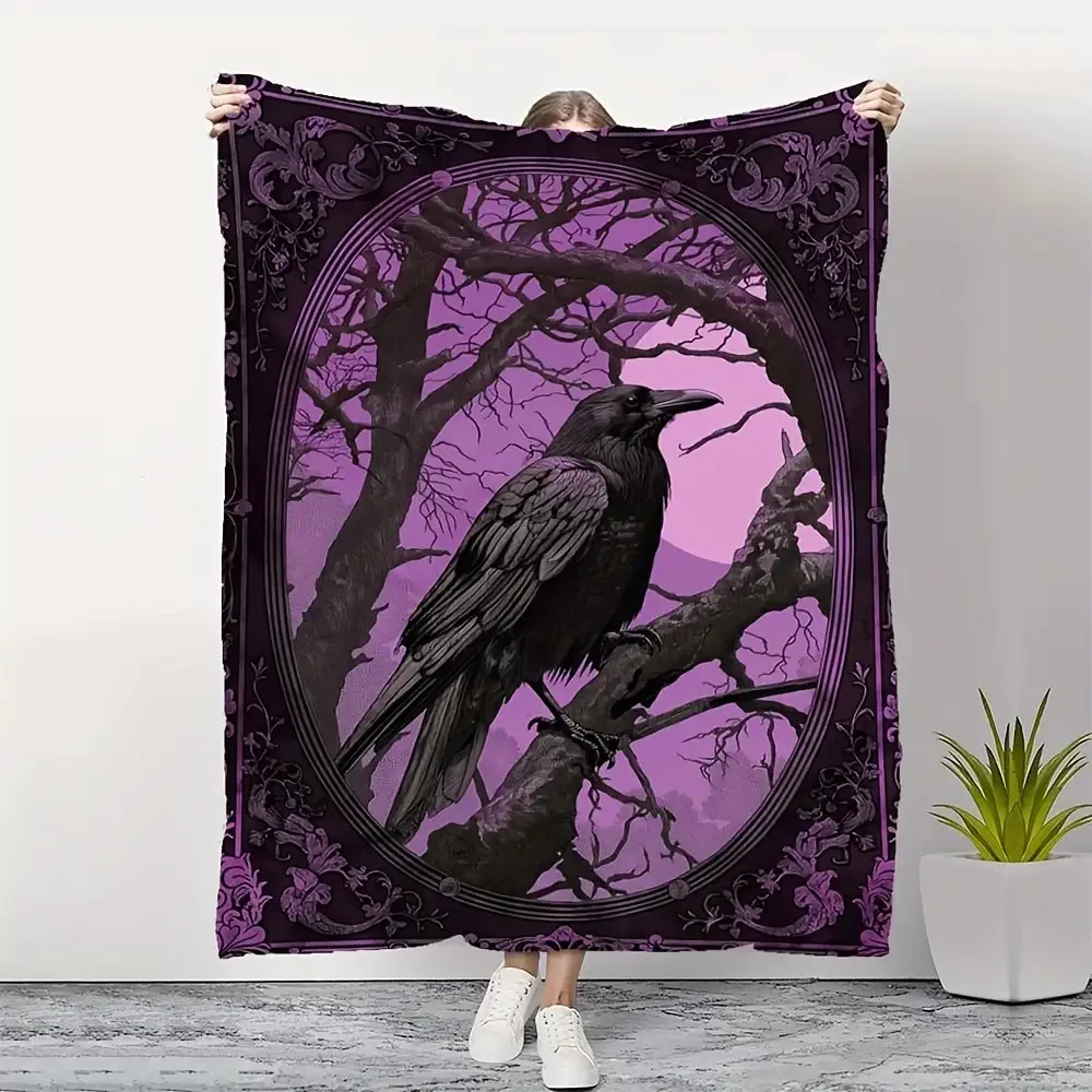 Dark Style Raven On Bare Branch Purple Circle Art Pattern Soft Blanket For Bed Travel Indoor Outdoor Rest And Decoration