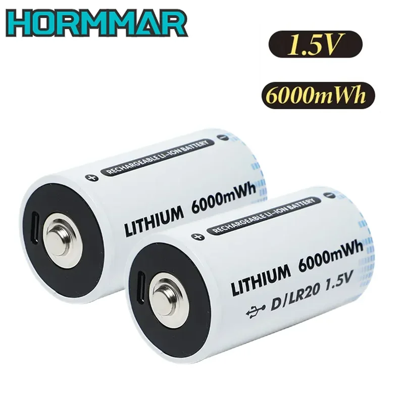 HORMMAR 1.5V D Size Rechargeable Battery 6000mWh LR20 Lithium Li-ion Batteries for Gas Appliances Liquefied Gas Cooker