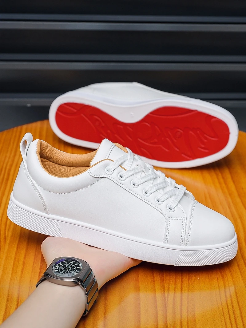 CL Men's Red Sole Casual Shoes Fashionable Commuter Business Flat Laced Leather Shoes round Toe Low Heel Spring Autumn