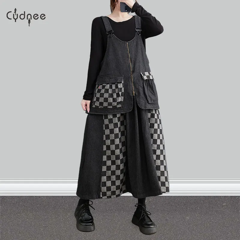 Women's Casual Solid A-Line Straps Overall Sunress Plaid Checked Black Patchwork Cotton Denim Strap Dresses