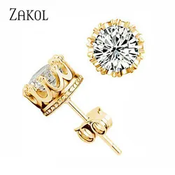 ZAKOL Fashion Crown Women Classic Shining Round Cz Zircon Small Stud Earrings Gold Color Ears for Men Crystal Party Jewelry