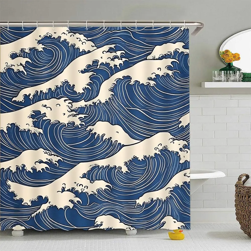 Japanese Wave Shower Curtain Abstract Kanagawa Oriental Ocean Sea Waves Creative Geometric Comic Antique Bathroom Curtain