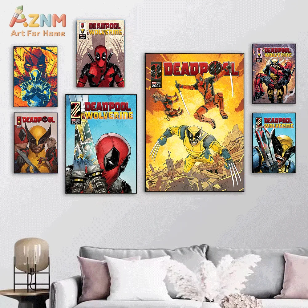 AZNM Deadpool And Wolverine Comic‑Style Canvas Wall Art Frameless Print 2024 Marvel Movie Superhero Character Poster Vintage C