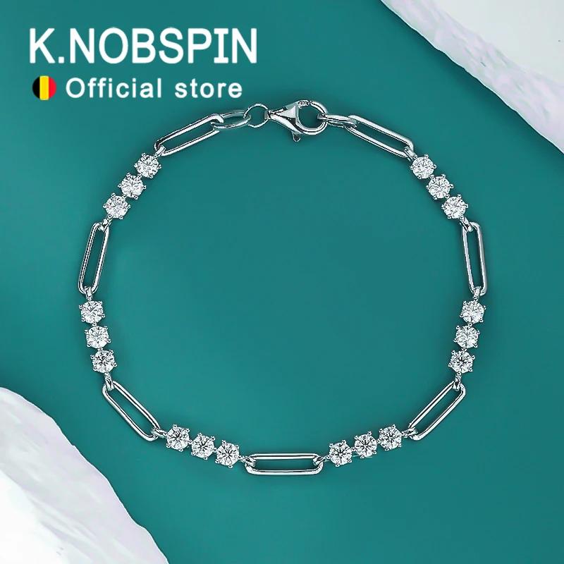 KNOBSPIN 여성용 라운드 모이사나이트 팔찌, 3mm D 컬러, GRA 인증, s925 실버 도금, 18k 팔찌, 여름 패션 주얼리 