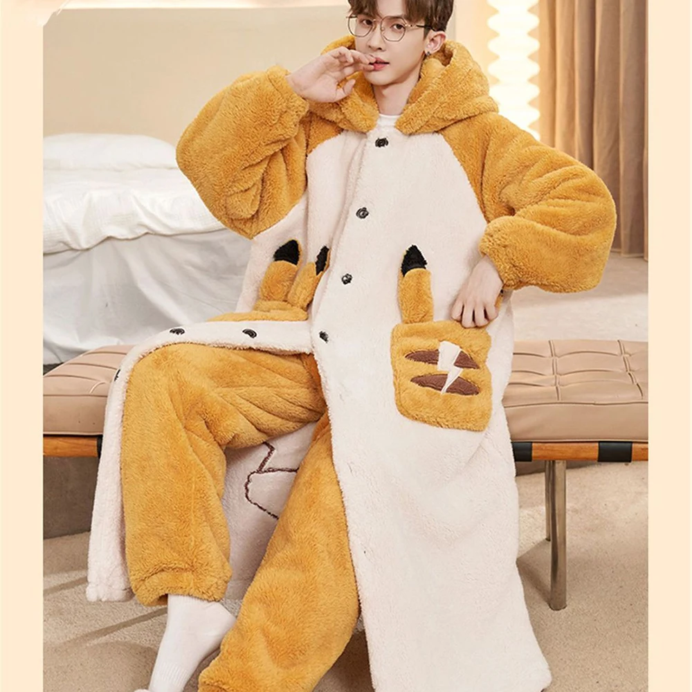 Capybara Cute Cartoon Hooded Plush Robe Pajamas Set Warm Flannel Loungewear Soft Home Sleepwear Men Boys Daily Casual Comfort view 6