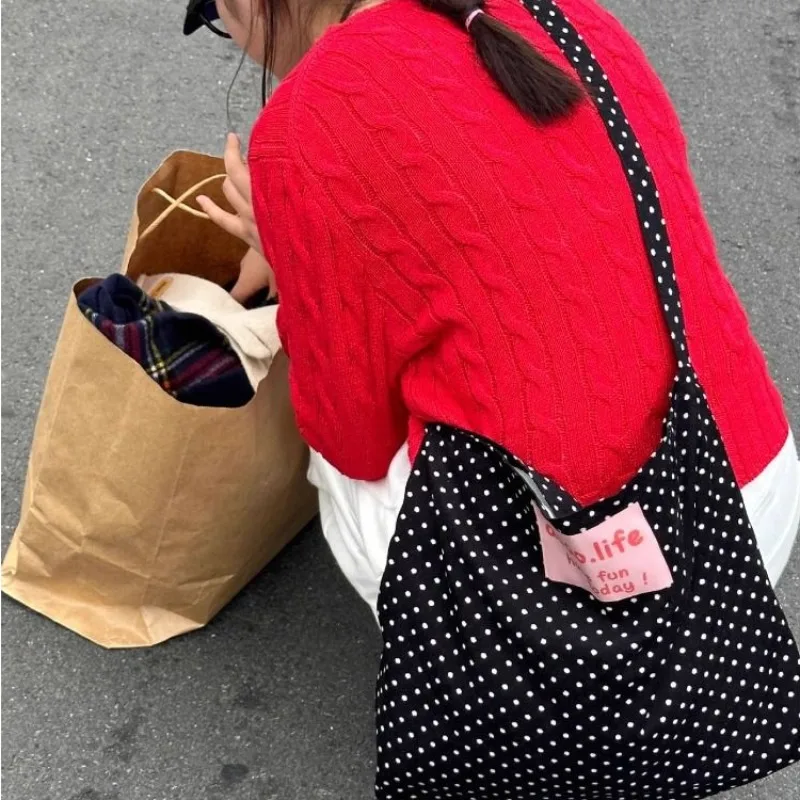

Korean Version Ins Retro Polka Dot Corduroy Bag Crossbody Bag Student Large Capacity Letter Canvas Bag Women Shoulder Bags