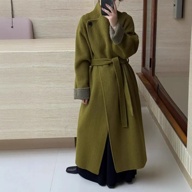 2026 French Double-faced Wool Coat Women X-long Woolen Overcoat Autumn Winter Wide Lapel Sashes Loose Outerwear Streetwear Coats