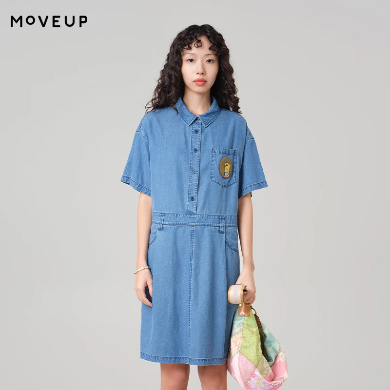 MOVEUP Loose Short Sleeved Lapel Denim Dress 2026 Summer New Puppy Embroidered Pocket Casual Commuting A-Line Dress 3ELX41305