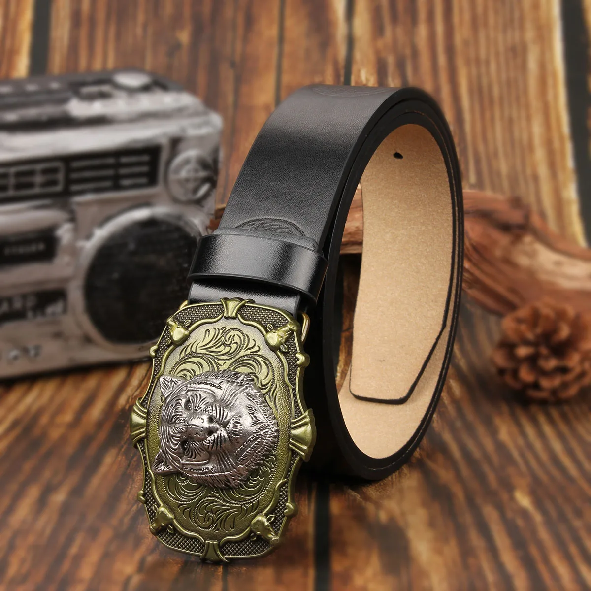 メンズ・レディースのカジュアルレトロベルト、ウエスタンスタイル！ タイガーヘッドメタルバックル付きPUベルト、日常の作業着に最適