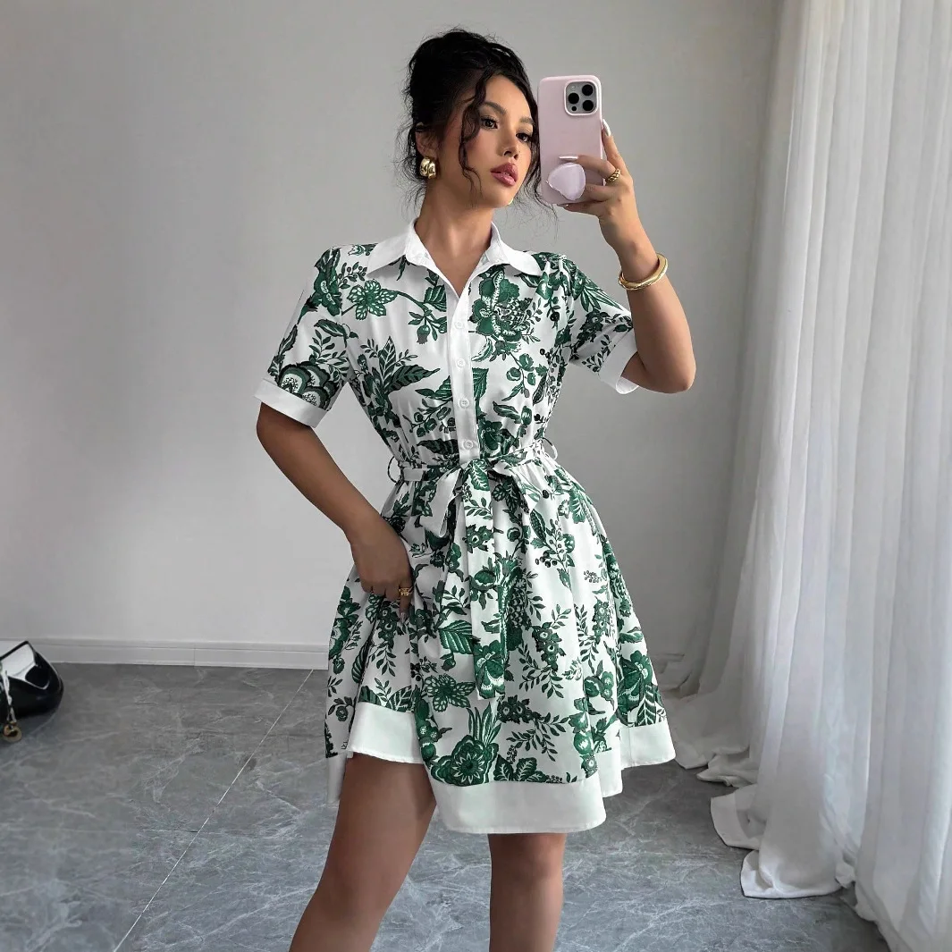 여름 프린트 반팔 미니 셔츠 드레스 여성 버튼 라펠 오피스룩 OL 워크 우아한 파티 숏 드레스 여성 의류