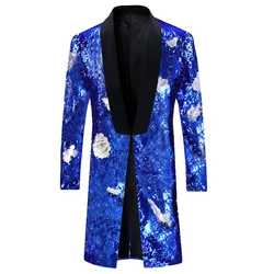 Mens Red Embellished Sequin Blazer Glittle Long Mens Blazer Suit Jacket Shawl Collar Stage Party Singer DJ Club Costume Homme