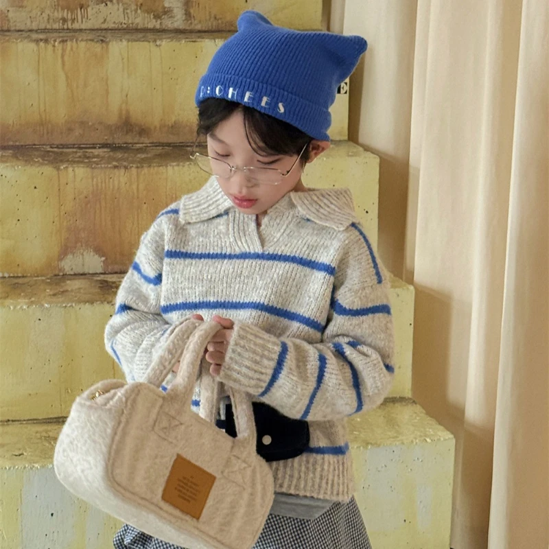 

2025 Autumn New Children's Striped Polo Collar Vintage Warm Thick Sweater Jacket