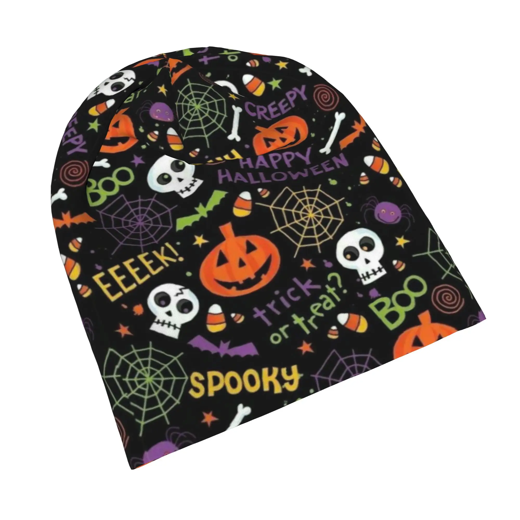Breathable Halloween Ghost Pumpkin Spooky Trick Or Treat Witch Slouchy Beanie for Men Women Cycling Skull Cap